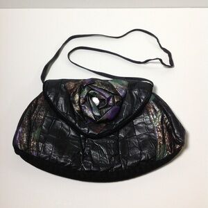 Vintage Purse Eighties Black Alligator Shoulder Strap Clutch 80s OOAK